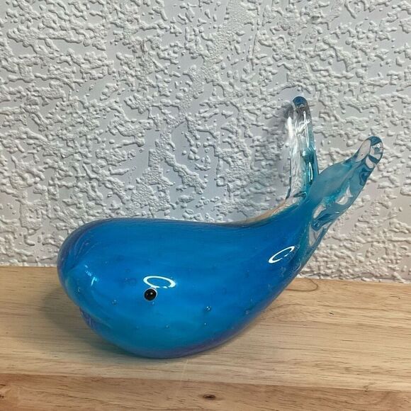 Vintage Murano Style Blue Hand Blown Art Glass Paperweight Blue Whale Figurine - Picture 1 of 11